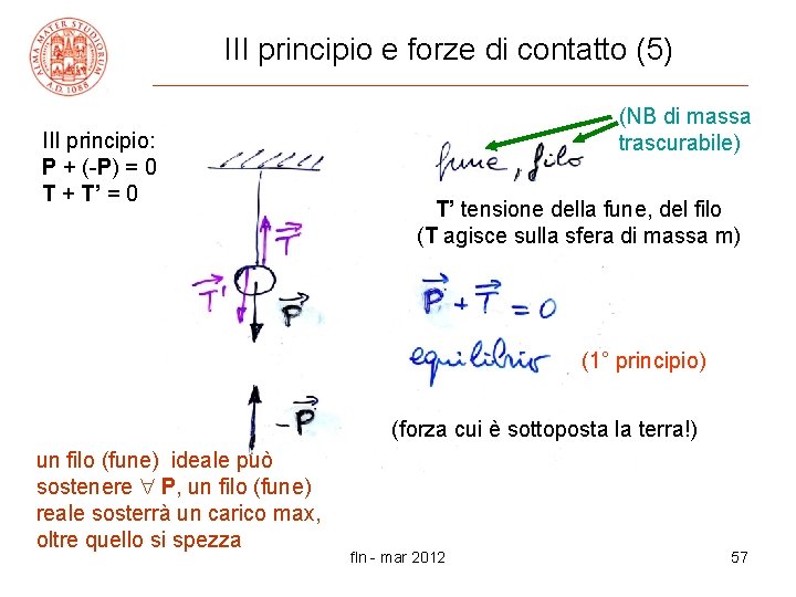 III principio e forze di contatto (5) III principio: P + (-P) = 0