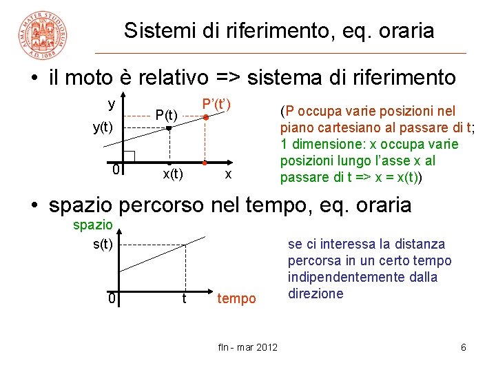 Sistemi di riferimento, eq. oraria • il moto è relativo => sistema di riferimento