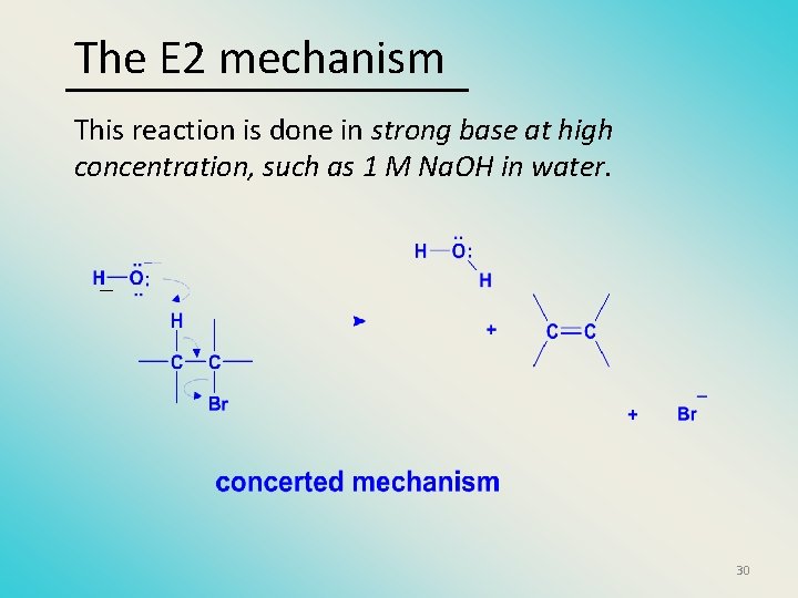 The E 2 mechanism This reaction is done in strong base at high concentration,