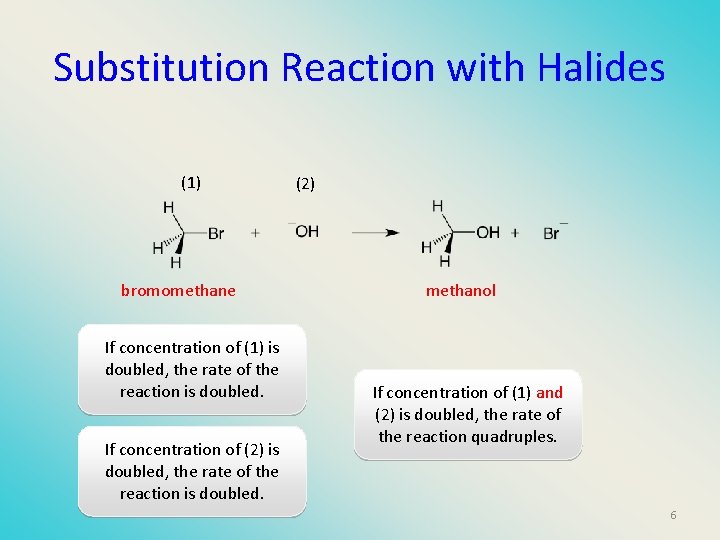 Substitution Reaction with Halides (1) bromomethane If concentration of (1) is doubled, the rate