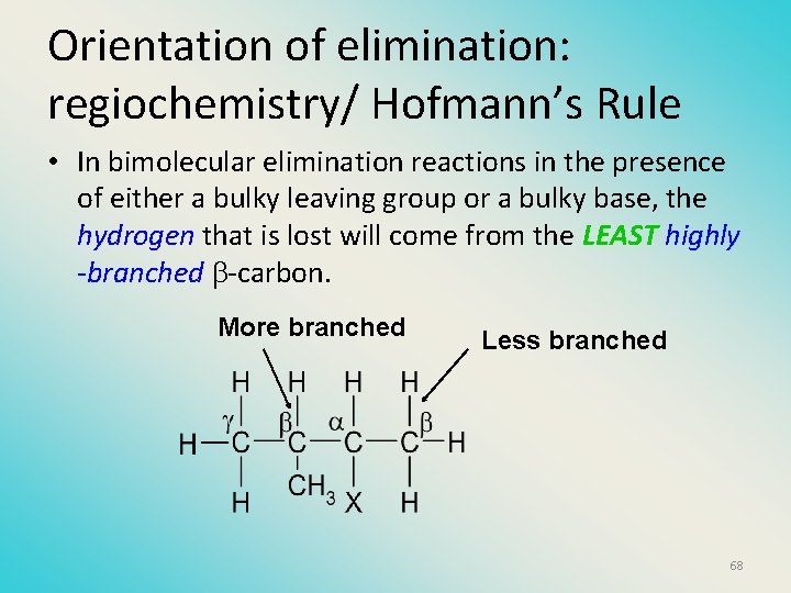 Orientation of elimination: regiochemistry/ Hofmann’s Rule • In bimolecular elimination reactions in the presence