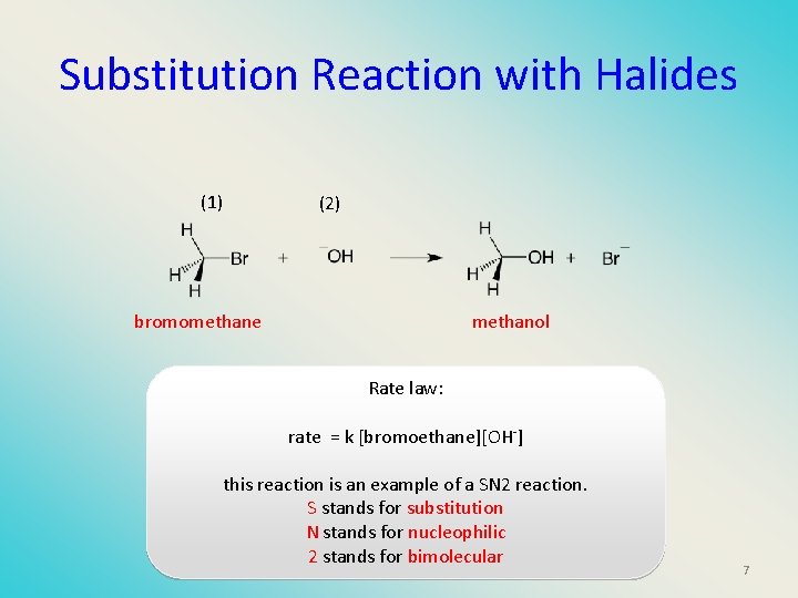 Substitution Reaction with Halides (1) (2) bromomethane methanol Rate law: rate = k [bromoethane][OH-]