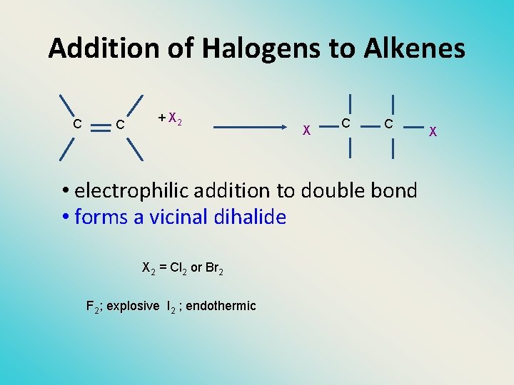 Addition of Halogens to Alkenes C C + X 2 X C C •