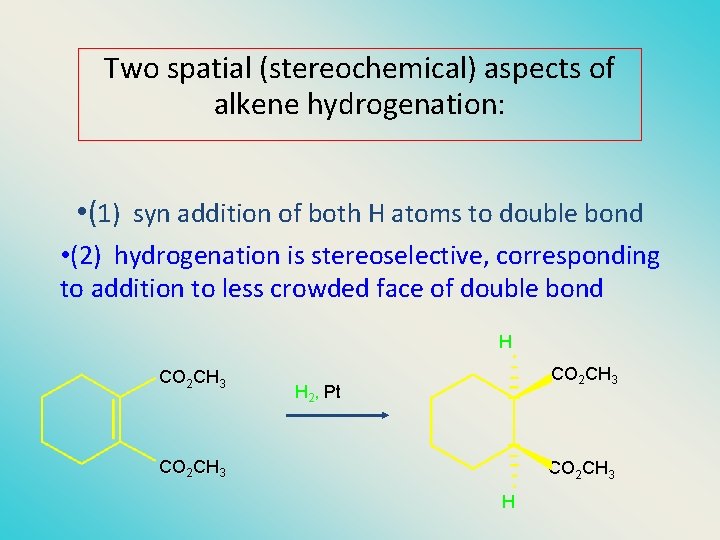 Two spatial (stereochemical) aspects of alkene hydrogenation: • (1) syn addition of both H