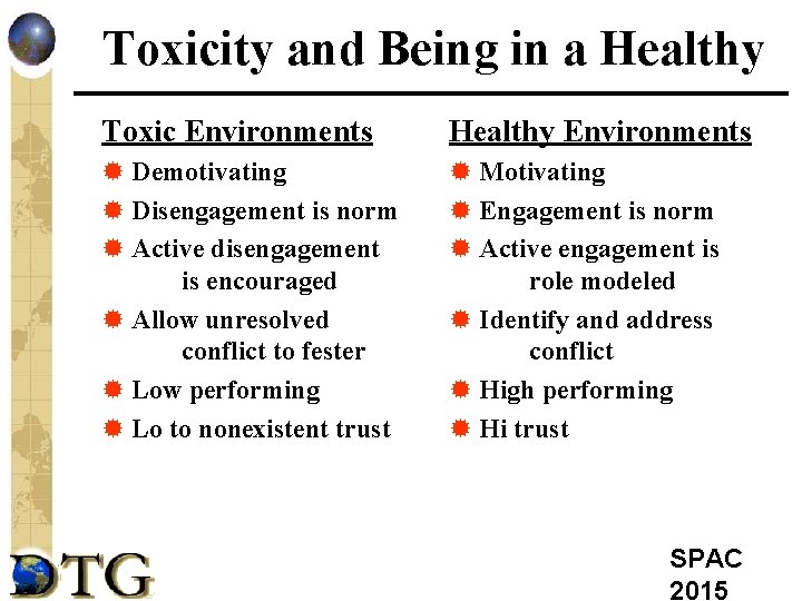 Toxicity and Being in a Healthy Toxic Environments Healthy Environments ® Demotivating ® Disengagement