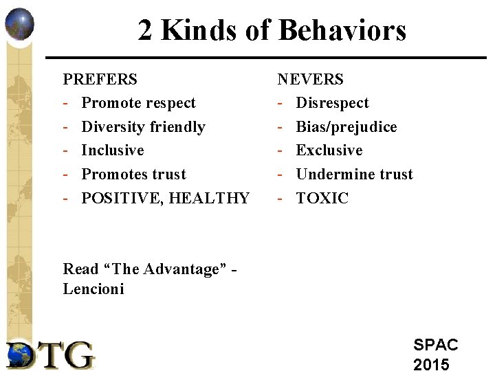 2 Kinds of Behaviors PREFERS - Promote respect - Diversity friendly - Inclusive -