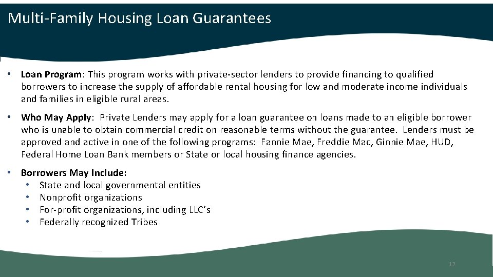Multi-Family Housing Loan Guarantees • Loan Program: This program works with private-sector lenders to