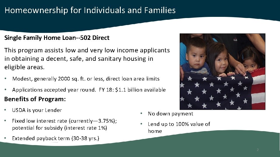 Homeownership for Individuals and Families Single Family Home Loan--502 Direct This program assists low