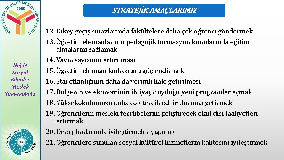 STRATEJİK AMAÇLARIMIZ Niğde Sosyal Bilimler Meslek Yüksekokulu 12. Dikey geçiş sınavlarında fakültelere daha çok