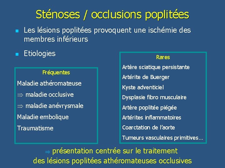 Sténoses / occlusions poplitées n n Les lésions poplitées provoquent une ischémie des membres