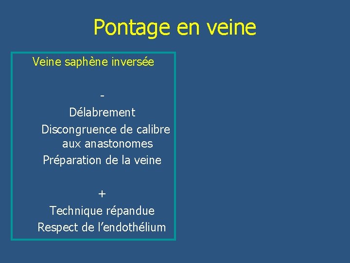 Pontage en veine Veine saphène inversée - Délabrement Discongruence de calibre aux anastonomes Préparation