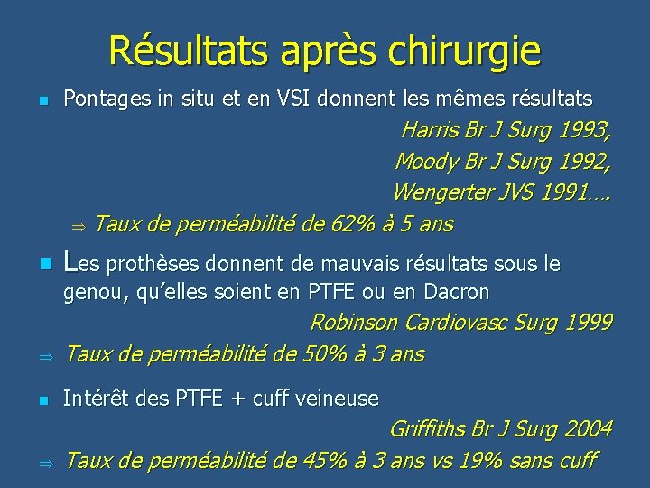 Résultats après chirurgie n Pontages in situ et en VSI donnent les mêmes résultats