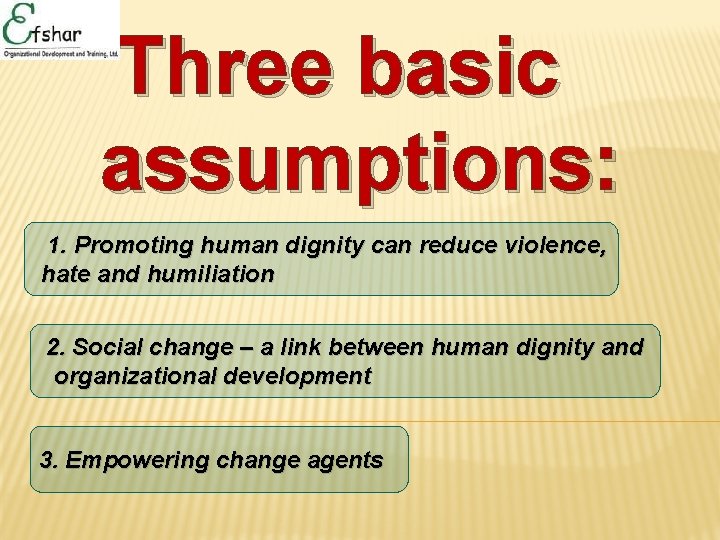 Three basic assumptions: 1. Promoting human dignity can reduce violence, hate and humiliation 2.