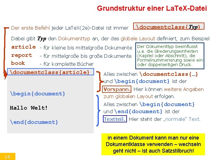 Grundstruktur einer La. Te. X-Datei Der erste Befehl jeder La. Te. X(2 e)-Datei ist