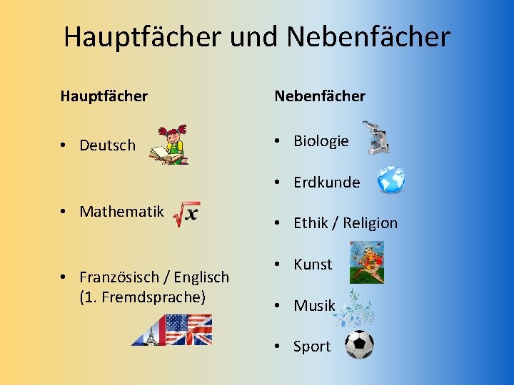 Hauptfächer und Nebenfächer Hauptfächer Nebenfächer • Deutsch • Biologie • Erdkunde • Mathematik •
