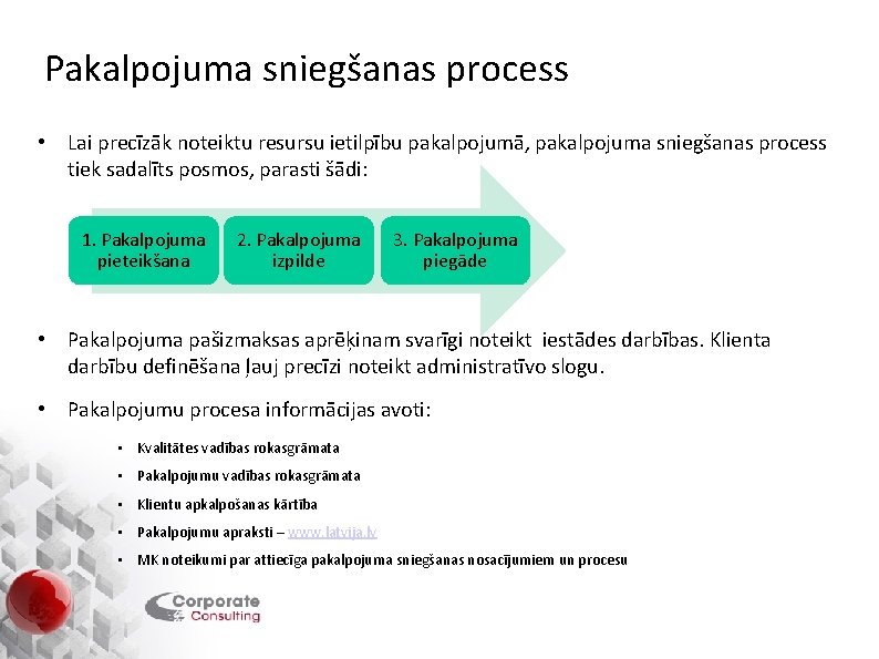 Pakalpojuma sniegšanas process • Lai precīzāk noteiktu resursu ietilpību pakalpojumā, pakalpojuma sniegšanas process tiek