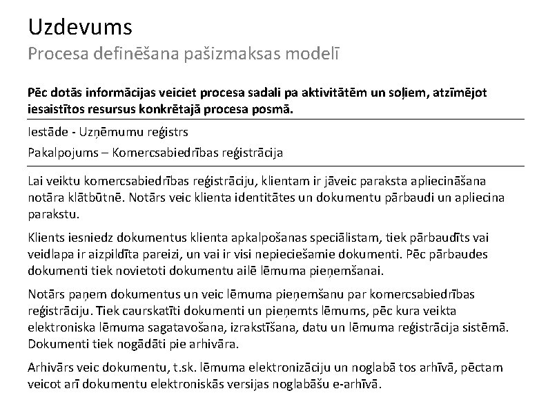 Uzdevums Procesa definēšana pašizmaksas modelī Pēc dotās informācijas veiciet procesa sadali pa aktivitātēm un