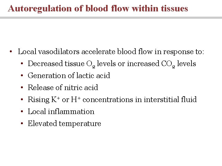 Autoregulation of blood flow within tissues • Local vasodilators accelerate blood flow in response