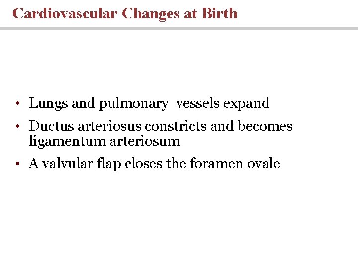 Cardiovascular Changes at Birth • Lungs and pulmonary vessels expand • Ductus arteriosus constricts