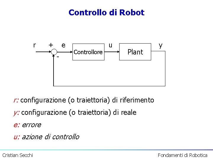 Controllo di Robot r + e - Controllore u Plant y r: configurazione (o