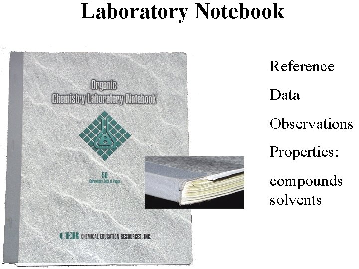 Laboratory Notebook Reference Data Observations Properties: compounds solvents 