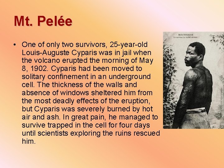 Mt. Pelée • One of only two survivors, 25 -year-old Louis-Auguste Cyparis was in