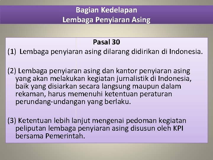 Bagian Kedelapan Lembaga Penyiaran Asing Pasal 30 (1) Lembaga penyiaran asing dilarang didirikan di