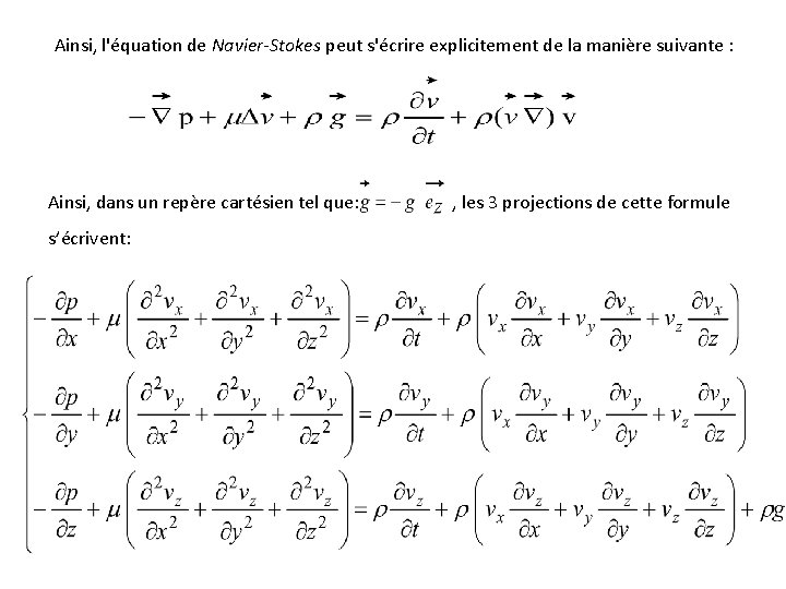 Ainsi, l'équation de Navier-Stokes peut s'écrire explicitement de la manière suivante : Ainsi, dans