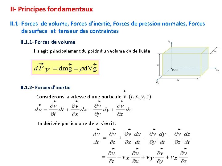 II- Principes fondamentaux II. 1 - Forces de volume, Forces d’inertie, Forces de pression