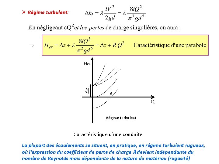 Ø Régime turbulent: z Hex A Q Régime turbulent Caractéristique d’une conduite La plupart