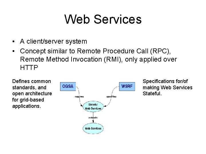 Web Services • A client/server system • Concept similar to Remote Procedure Call (RPC),