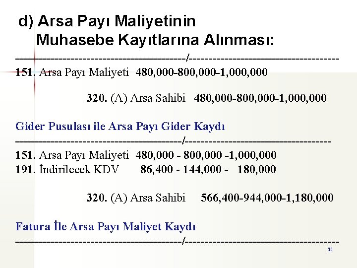 d) Arsa Payı Maliyetinin Muhasebe Kayıtlarına Alınması: ----------------------/-------------------151. Arsa Payı Maliyeti 480, 000 -800,