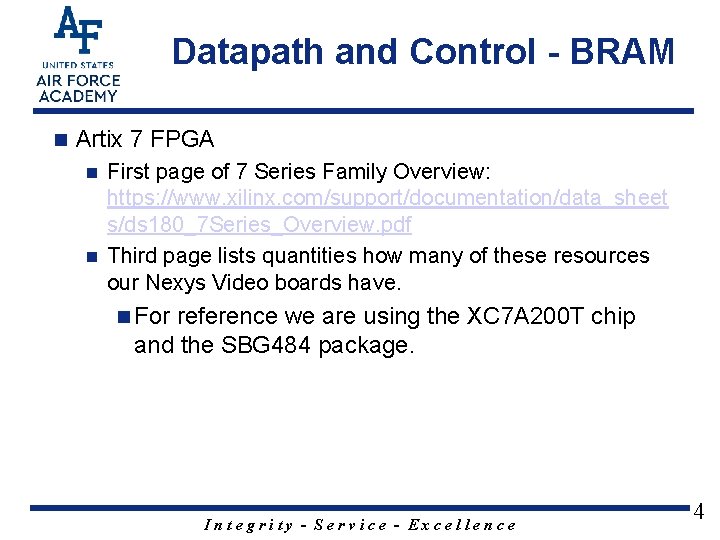 Datapath and Control - BRAM n Artix 7 FPGA First page of 7 Series