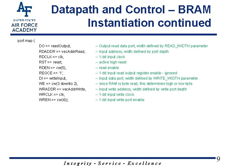 Datapath and Control – BRAM Instantiation continued port map ( DO => read. Output,