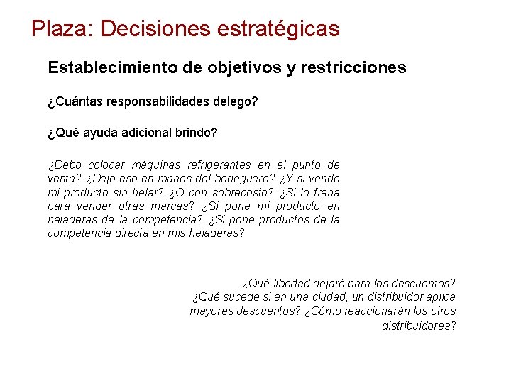 Plaza: Decisiones estratégicas Establecimiento de objetivos y restricciones ¿Cuántas responsabilidades delego? ¿Qué ayuda adicional