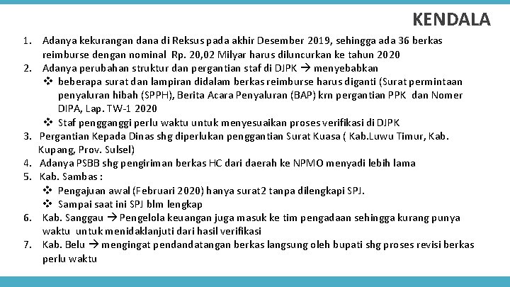 KENDALA 1. Adanya kekurangan dana di Reksus pada akhir Desember 2019, sehingga ada 36