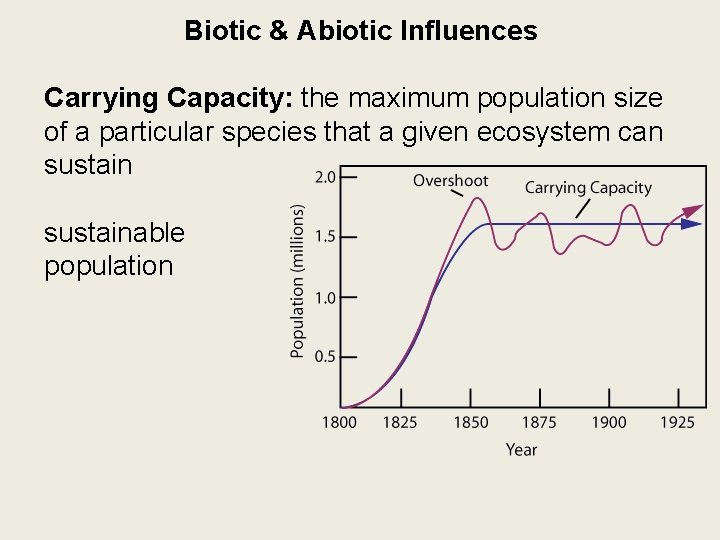 Biotic & Abiotic Influences Carrying Capacity: the maximum population size of a particular species