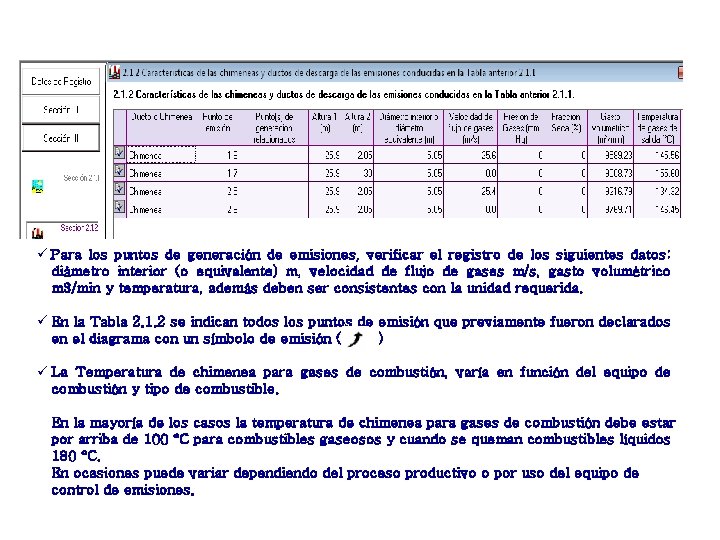 ü Para los puntos de generación de emisiones, verificar el registro de los siguientes