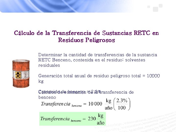 Cálculo de la Transferencia de Sustancias RETC en Residuos Peligrosos Determinar la cantidad de