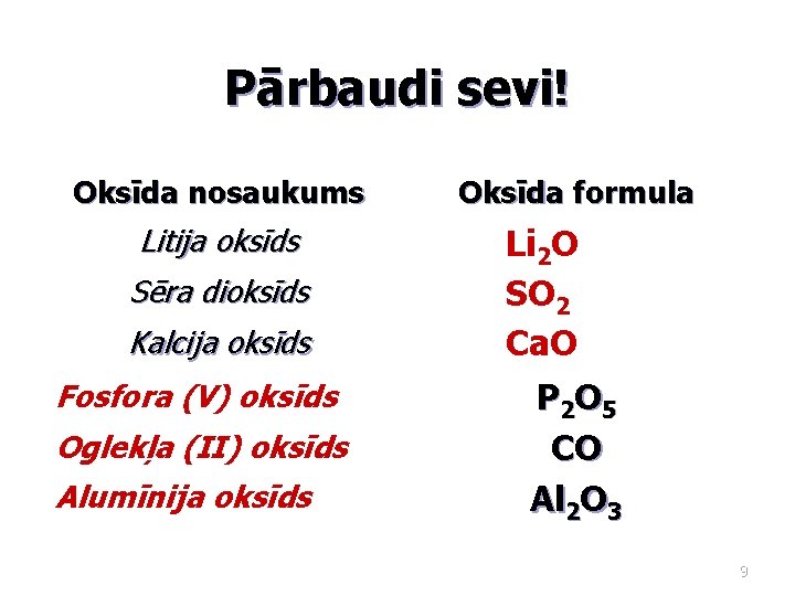 Pārbaudi sevi! Oksīda nosaukums Litija oksīds Sēra dioksīds Kalcija oksīds Fosfora (V) oksīds Oglekļa
