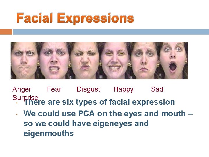 Facial Expressions Anger Surprise • • Fear Disgust Happy Sad There are six types