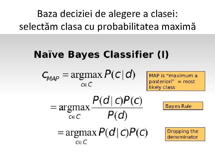 Baza deciziei de alegere a clasei: selectăm clasa cu probabilitatea maximă 