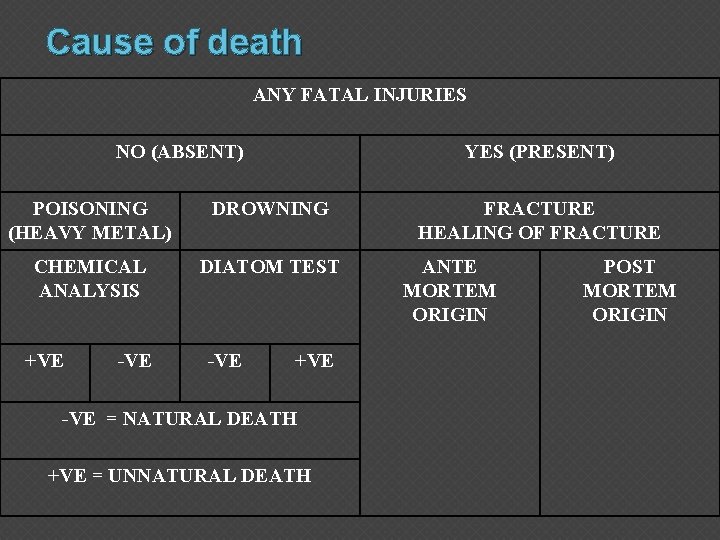 Cause of death ANY FATAL INJURIES NO (ABSENT) YES (PRESENT) POISONING (HEAVY METAL) DROWNING