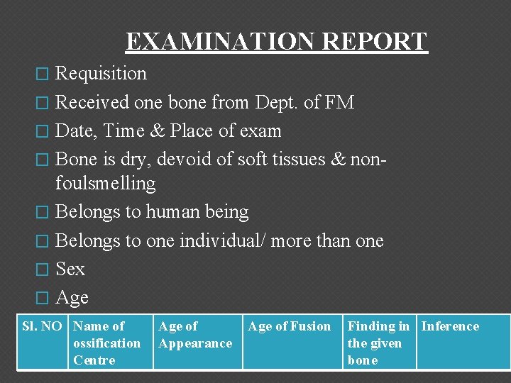  EXAMINATION REPORT Requisition � Received one bone from Dept. of FM � Date,