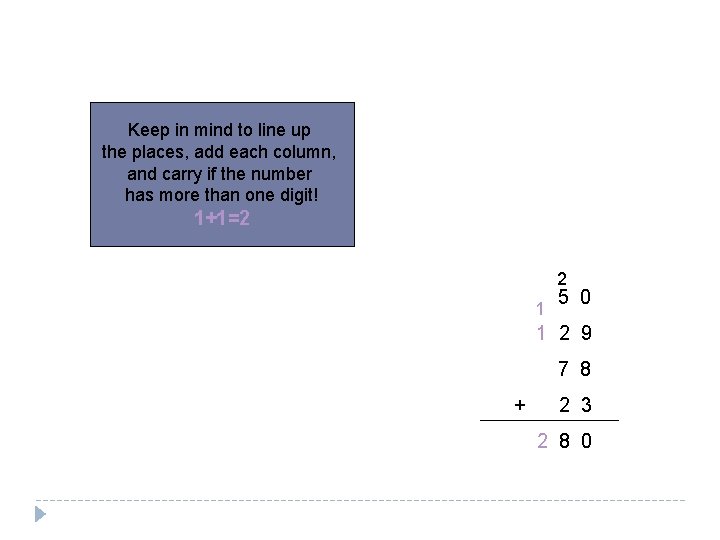 Keep in mind to line up the places, add each column, and carry if