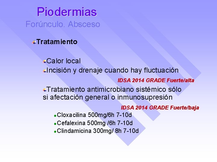 Piodermias Forúnculo. Absceso Tratamiento Calor local Incisión y drenaje cuando hay fluctuación IDSA 2014