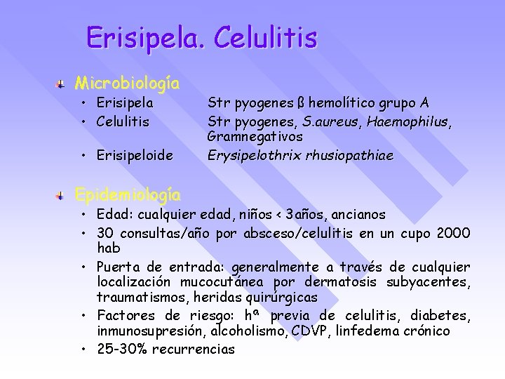 Erisipela. Celulitis Microbiología • Erisipela • Celulitis • Erisipeloide Epidemiología Str pyogenes ß hemolítico