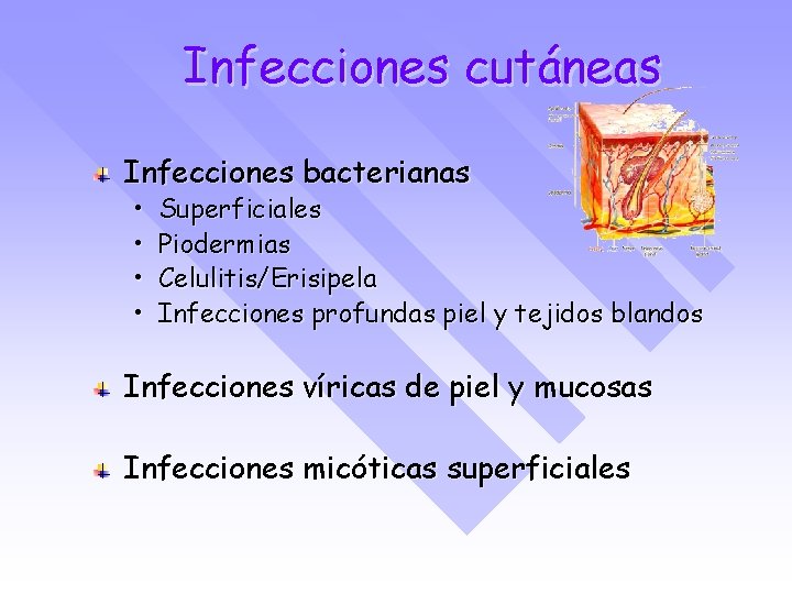 Infecciones cutáneas Infecciones bacterianas • • Superficiales Piodermias Celulitis/Erisipela Infecciones profundas piel y tejidos