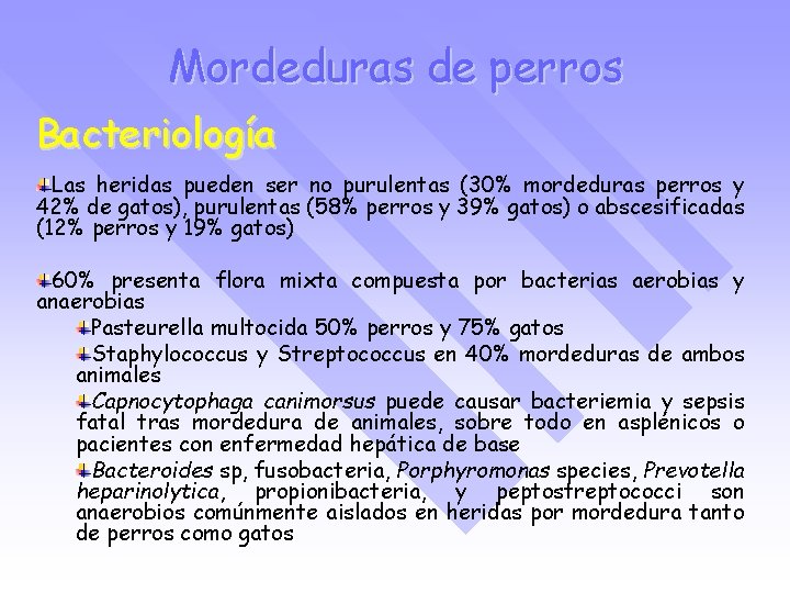 Mordeduras de perros Bacteriología Las heridas pueden ser no purulentas (30% mordeduras perros y