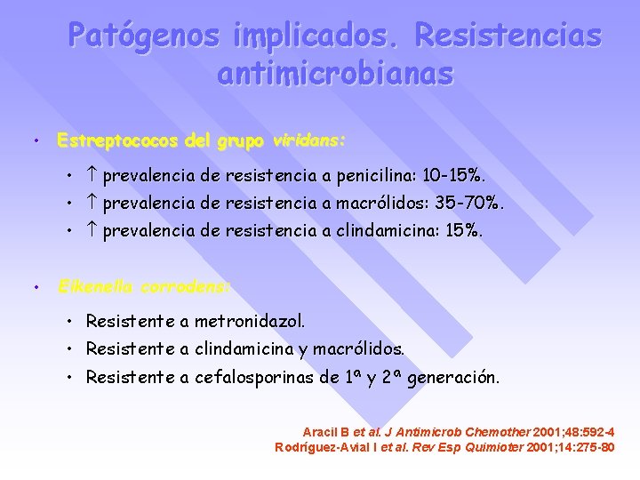 Patógenos implicados. Resistencias antimicrobianas • Estreptococos del grupo viridans: • prevalencia de resistencia a